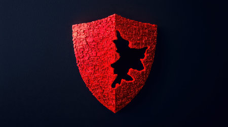 A striking red shield with a jagged black cutout, set against a dark background, symbolizes protection and strength.の素材