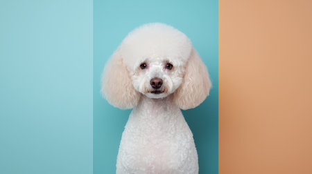 A fluffy white poodle poses against a colorful background, showcasing its cute features and well-groomed fur.の素材
