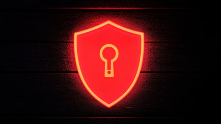 A glowing red shield with a keyhole symbolizes security and protection in a digital context.の素材