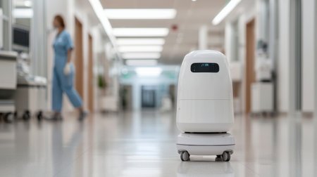 A hospital corridor featuring an autonomous delivery robot with a healthcare worker in the background.の素材