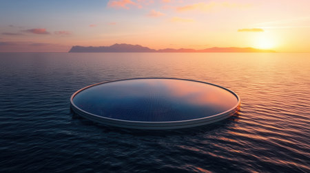 A serene, circular structure floats on the water, reflecting a colorful sunset and surrounded by calm waves.の素材
