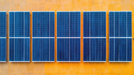 Aerial view of solar panels arranged in rows, capturing sunlight for renewable energy on a textured orange background.の素材