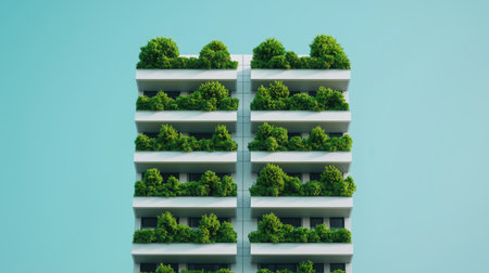 A modern, eco-friendly building with multiple green terraces, showcasing lush greenery against a light blue background.の素材