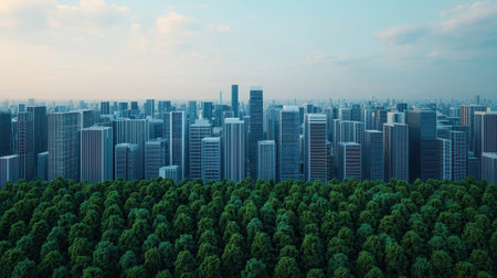 A panoramic view of a modern city skyline juxtaposed against a lush green forest, highlighting nature's contrast with urban development.の素材