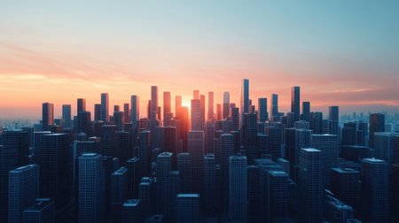 A sprawling city skyline at sunset, featuring numerous high-rise buildings silhouetted against a colorful sky.の素材