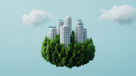 A vibrant cityscape floats atop a lush green island, showcasing a harmonious blend of urban architecture and nature under a bright sky.の素材
