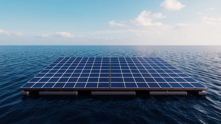 A floating solar panel array is set against a serene ocean backdrop, promoting renewable energy and sustainability.の素材
