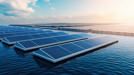 A serene landscape featuring solar panels floating on water, reflecting sunlight, showcasing renewable energy innovation and sustainable technology.の素材
