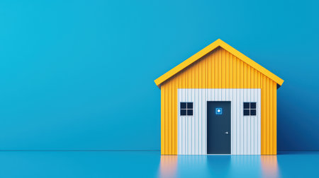 A vibrant yellow house stands against a blue background, featuring a modern design with a door and windows, creating a cheerful, inviting atmosphere.の素材