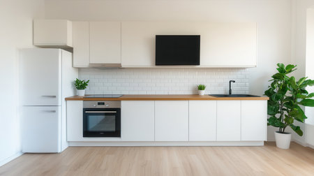 A modern kitchen featuring white cabinetry, a wooden countertop, a sleek oven, and a plant, providing a fresh and clean aesthetic.の素材