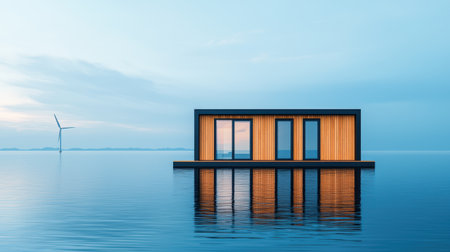 A modern, minimalist structure floats on calm waters, illuminated against a serene blue backdrop, symbolizing tranquility and innovative design.の素材