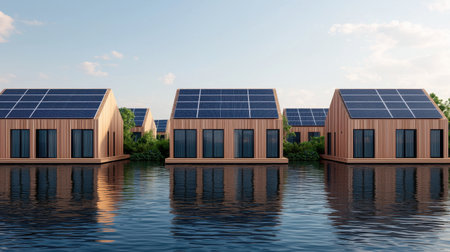 A row of modern, eco-friendly homes with solar panels, situated on a tranquil body of water, showcasing sustainable architecture.の素材