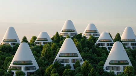 Futuristic conical buildings nestled among lush greenery, showcasing modern architecture harmonizing with nature.の素材