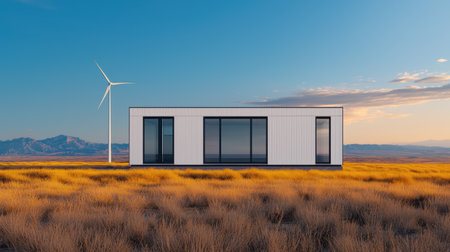 A modern, minimalist house surrounded by golden grass and a wind turbine, set against a clear sky and distant mountains.の素材