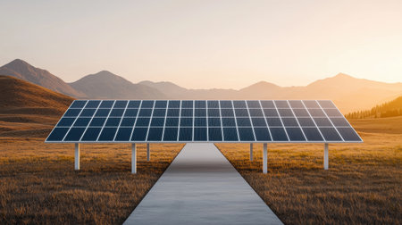 A serene landscape featuring a solar panel installation at sunset, surrounded by mountains and a clear pathway.の素材