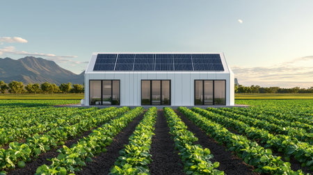 A modern house with solar panels surrounded by lush green fields and mountains under a clear sky.の素材