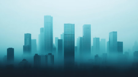 A city skyline shrouded in mist, showcasing modern skyscrapers with a cool, bluish tone, creating a serene yet mysterious atmosphere.の素材