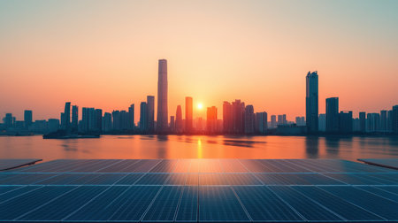 A stunning sunset over a city skyline, with solar panels in the foreground reflecting vibrant colors.の素材