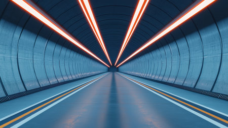 A futuristic tunnel with blue walls and bright light streaks, creating a sense of depth and motion.の素材