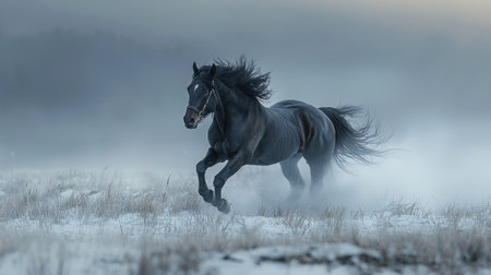 A majestic black horse gallops through a snowy landscape, surrounded by mist, creating a mystical and serene atmosphere.の素材