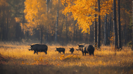 A serene autumn scene featuring wild boars grazing in a golden forest, surrounded by vibrant foliage and soft sunlight.の素材