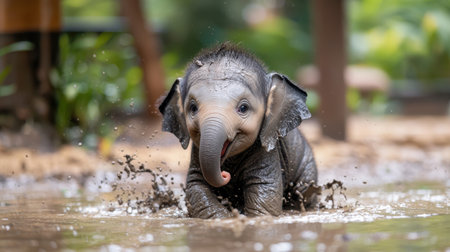 A playful baby elephant splashes joyfully in a shallow pool, surrounded by greenery, showcasing its curious expression and wet, textured skin.の素材