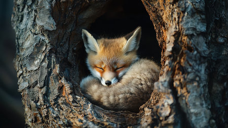 A peaceful fox curls up, nestled inside a tree hollow, exuding warmth and tranquility amid nature.の素材