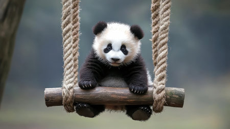 A playful panda sits on a wooden swing, exuding cuteness and charm in a natural setting, surrounded by greenery.の素材