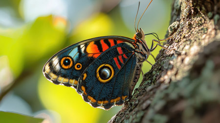 A vibrant butterfly with striking blue and orange patterns rests on a tree trunk, surrounded by lush green foliage.の素材