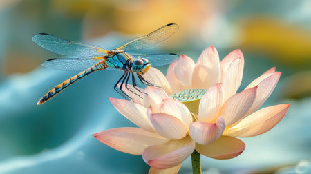A vibrant dragonfly rests on a delicate pink lotus flower, surrounded by soft blue water, creating a serene and picturesque scene.の素材