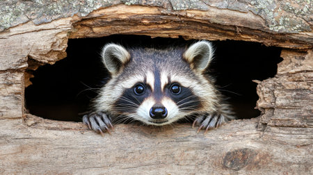 A curious raccoon peeks out from a wooden hole, showcasing its distinctive facial markings and inquisitive nature.の素材