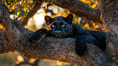 A serene black panther rests on a tree branch, surrounded by autumn foliage and warm sunlight, showcasing its striking features and calm demeanor.の素材