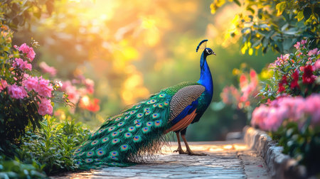A peacock stands gracefully on a pathway surrounded by vibrant flowers, basking in the warm glow of sunlight.の素材