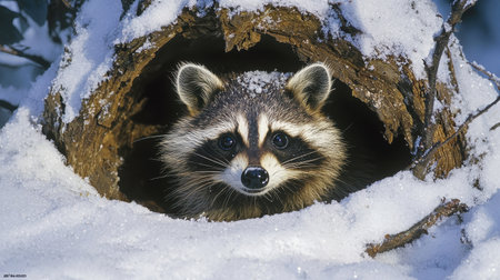 A raccoon peeks out from a snowy log, surrounded by a serene winter landscape.の素材