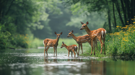 A serene scene showing four deer near a calm river, surrounded by lush greenery and flowers, capturing the beauty of nature.の素材