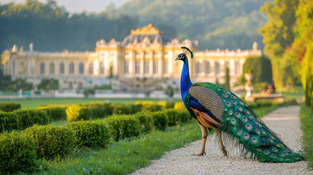 A vibrant peacock stands elegantly in a lush garden, with a majestic palace in the background, showcasing nature's beauty and architectural grandeur.の素材