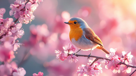 A charming bird perched on a blooming branch, surrounded by delicate pink flowers, creating a serene springtime atmosphere.の素材