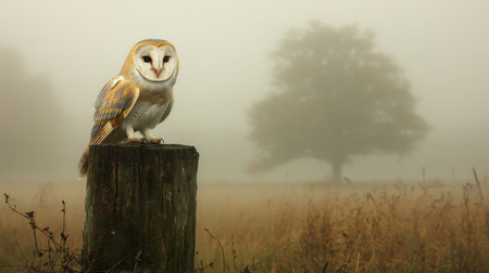 A serene barn owl perched on a wooden post in a foggy landscape, with a solitary tree in the background, creating a tranquil atmosphere.の素材