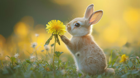 A cute rabbit gazes at a bright dandelion in a sunlit field, capturing a serene moment in nature.の素材