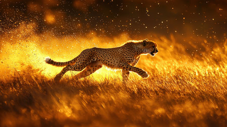 A cheetah elegantly strides through a golden field, accentuated by dramatic lighting and dust, showcasing its speed and grace in a wild setting.の素材