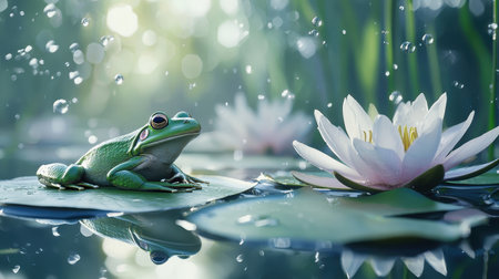 A serene frog rests on a lily pad, surrounded by soft water droplets and blooming flowers, creating a tranquil, natural scene.の素材