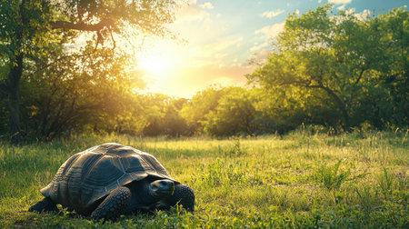A tranquil scene featuring a turtle resting on green grass, bathed in warm sunlight with trees in the background and a serene atmosphere.の素材