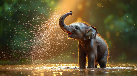 A playful baby elephant splashes water joyfully in a serene natural setting, illuminated by soft, golden sunlight.の素材