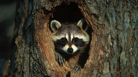 A curious raccoon peeks out from a hollow tree trunk, showcasing its distinctive facial markings and playful demeanor.の素材