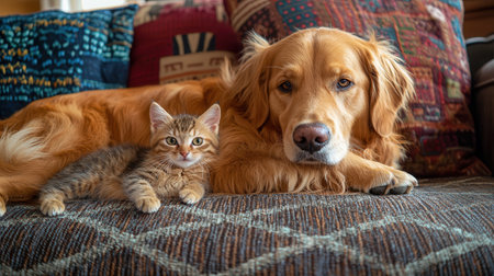 A golden retriever and a tabby kitten relax together on a cozy couch surrounded by colorful cushions.の素材