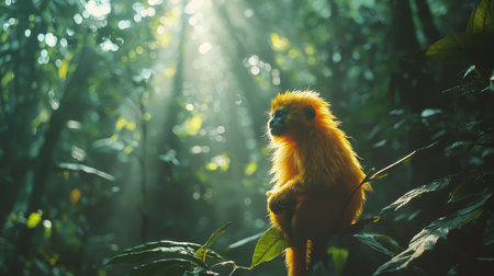 A golden monkey sits peacefully in a lush green forest, illuminated by soft rays of sunlight filtering through the trees.の素材