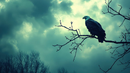 A majestic eagle perched on a bare branch under a moody, cloud-filled sky, creating a dramatic and atmospheric scene.の素材