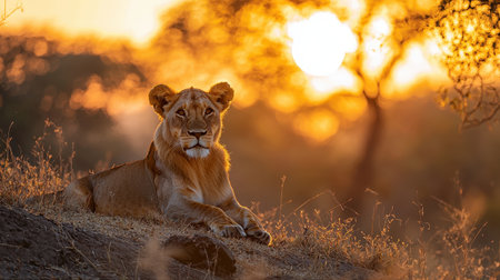 A serene lioness lounges in golden sunlight, surrounded by nature, capturing the beauty of the African savanna at dusk.の素材