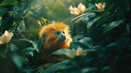 A golden monkey peeks through lush green foliage, surrounded by delicate flowers, capturing a serene moment in nature.の素材