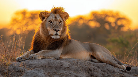 A majestic lion rests on a rock, illuminated by the warm glow of a sunset in the background, embodying power and serenity in its natural habitat.の素材